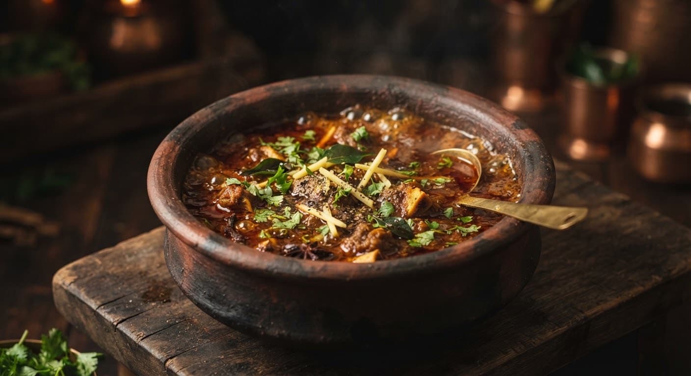 A gravy simmering slowly in a clay pot