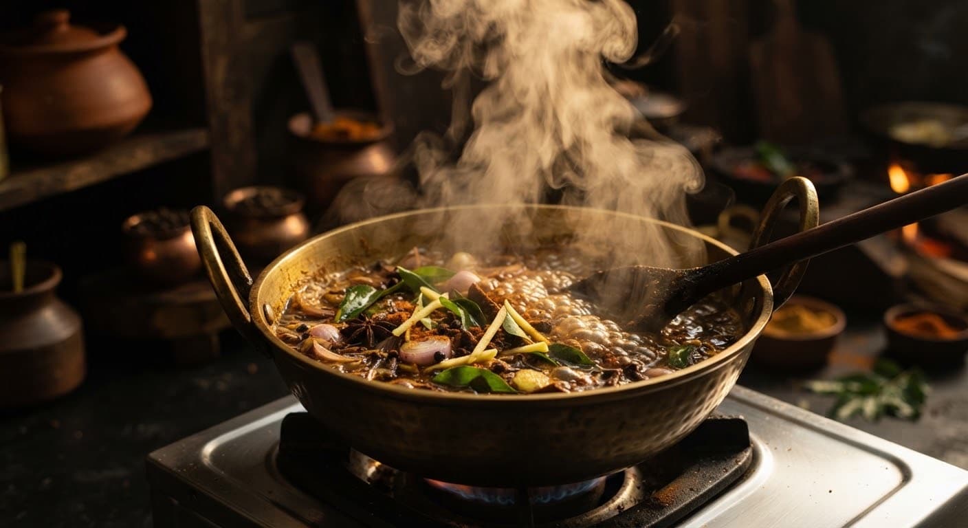 Steam rising from a pot simmering on the stove