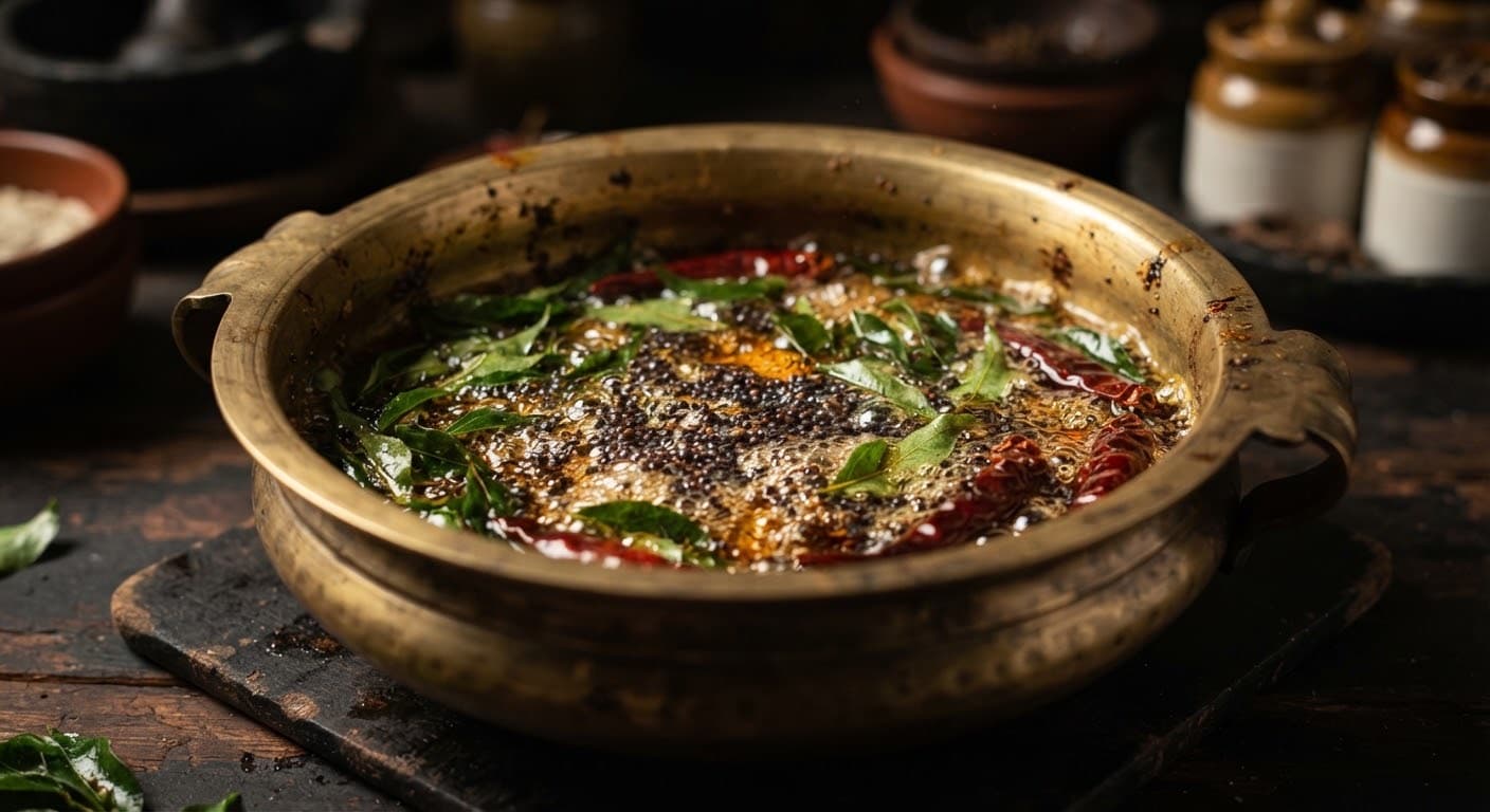 Spices and curry leaves tempered in a brass pot